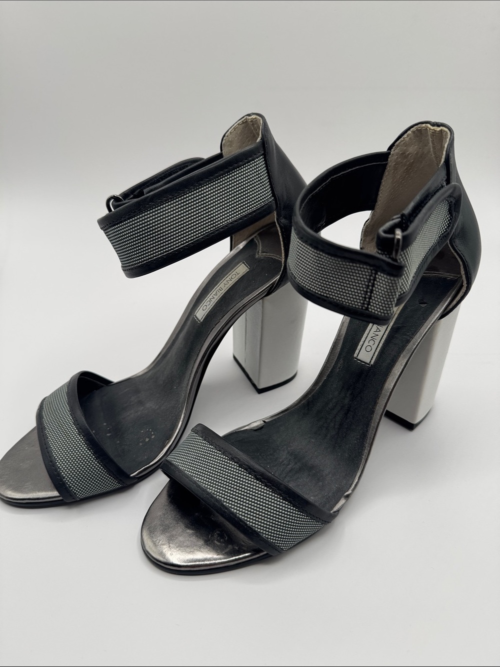 Tony Bianco Leather Black and Silver Metallic Block Heel Sandals Size 8